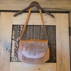 Rose Flower Faux Tooled Brown Honey Leather Shoulder Bag Purse Summer Western